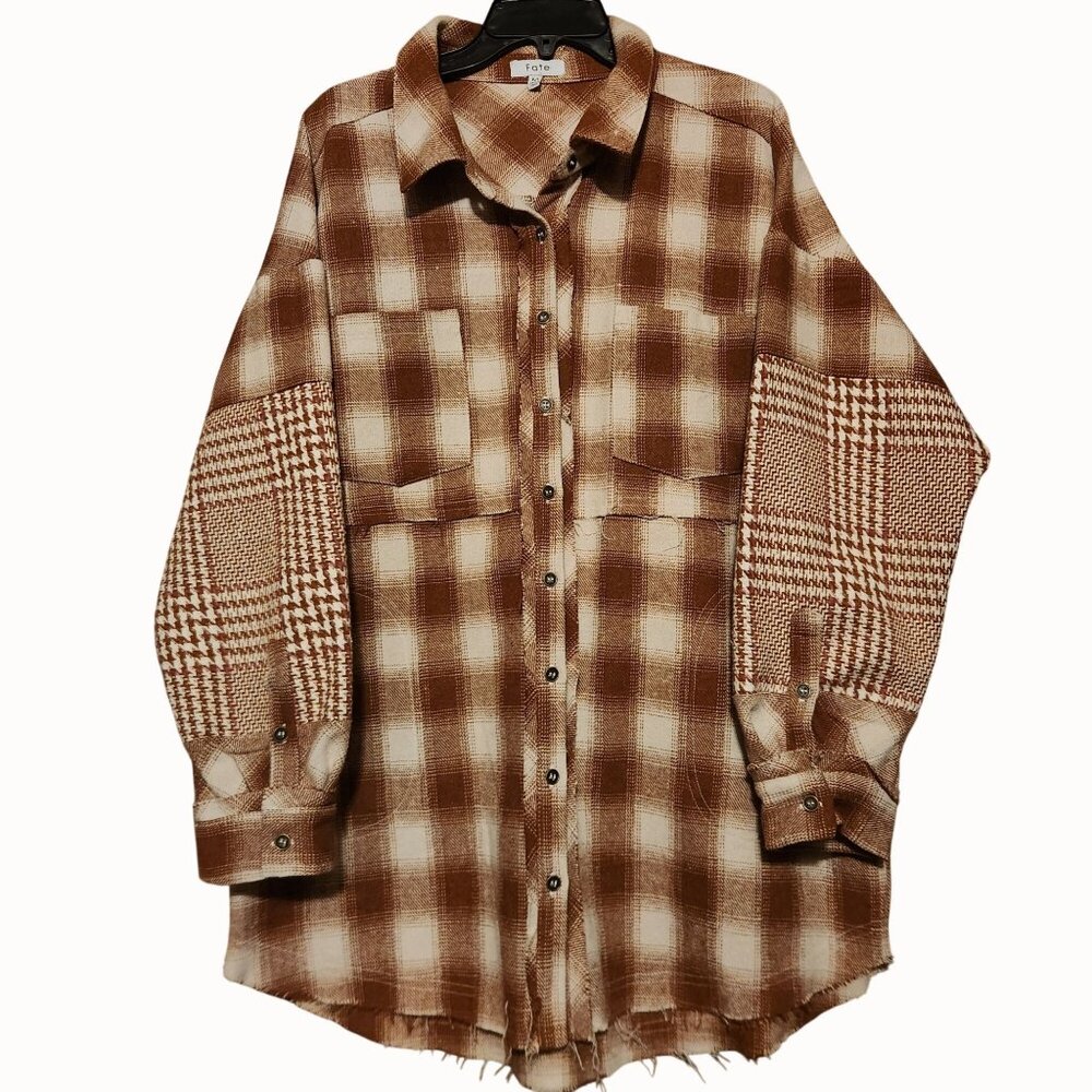 Brown Plaid Oversized Button-Up Dress Houndstooth Patch Sleeves Frayed Hemline M